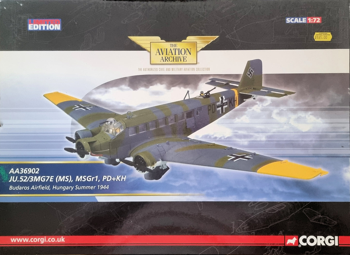 Corgi AA36902 1:72 AA36902 Junkers Ju 52 Diecast Model Luftwaffe MSGR1, Budaros Airfield, Hungary, Summer 1944 - Chester Model Centre