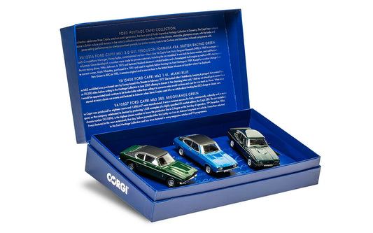 Corgi VC01303 Ford Heritage CAPRI Limited Edition Collection (510/1200) - VA-13316 Ford Capri Mk1 3.0L GXL / VA15408 Ford Capri Mk2 1.6L / VA10827 Ford Capri Mk3 280 - Chester Model Centre