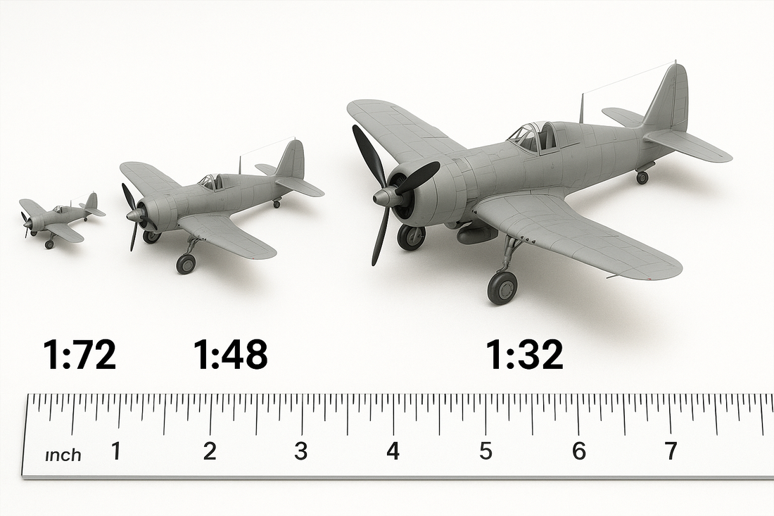 3 scale model planes all grey with black propellers. Each a different size from smallest on left to largest on right, text 1:72, 1:48 and 1:32 under each, and a clear ruler showing inches under 
