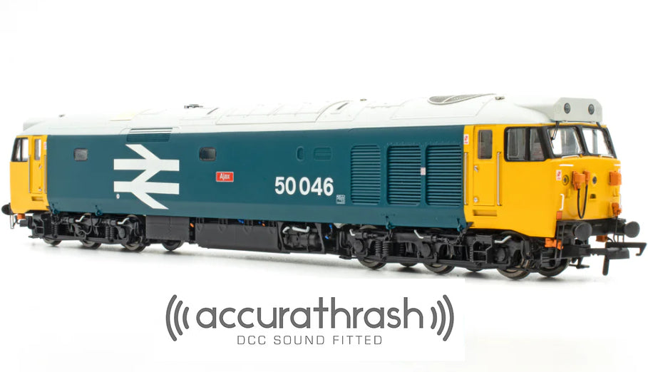 ACCURASCALE ACC2395-DCC BR Class 50 Locomotive 50046 AJAX Large Logo Grey Roof Era 7-8 (Accurathrash DCC Sound Fitted)