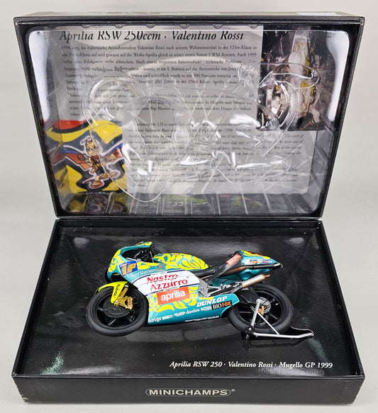 MINICHAMPS 122 99046 - Classic Bike Series No.22. 1:12 Scale Die-Cast APRILIA RSW 250 Valentino Rossi Mugello GP 1999 - Chester Model Centre