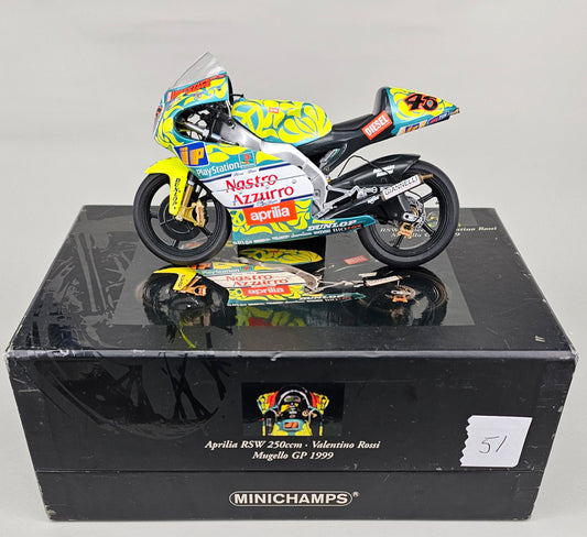 MINICHAMPS 122 99046 - Classic Bike Series No.22. 1:12 Scale Die-Cast APRILIA RSW 250 Valentino Rossi Mugello GP 1999 - Chester Model Centre