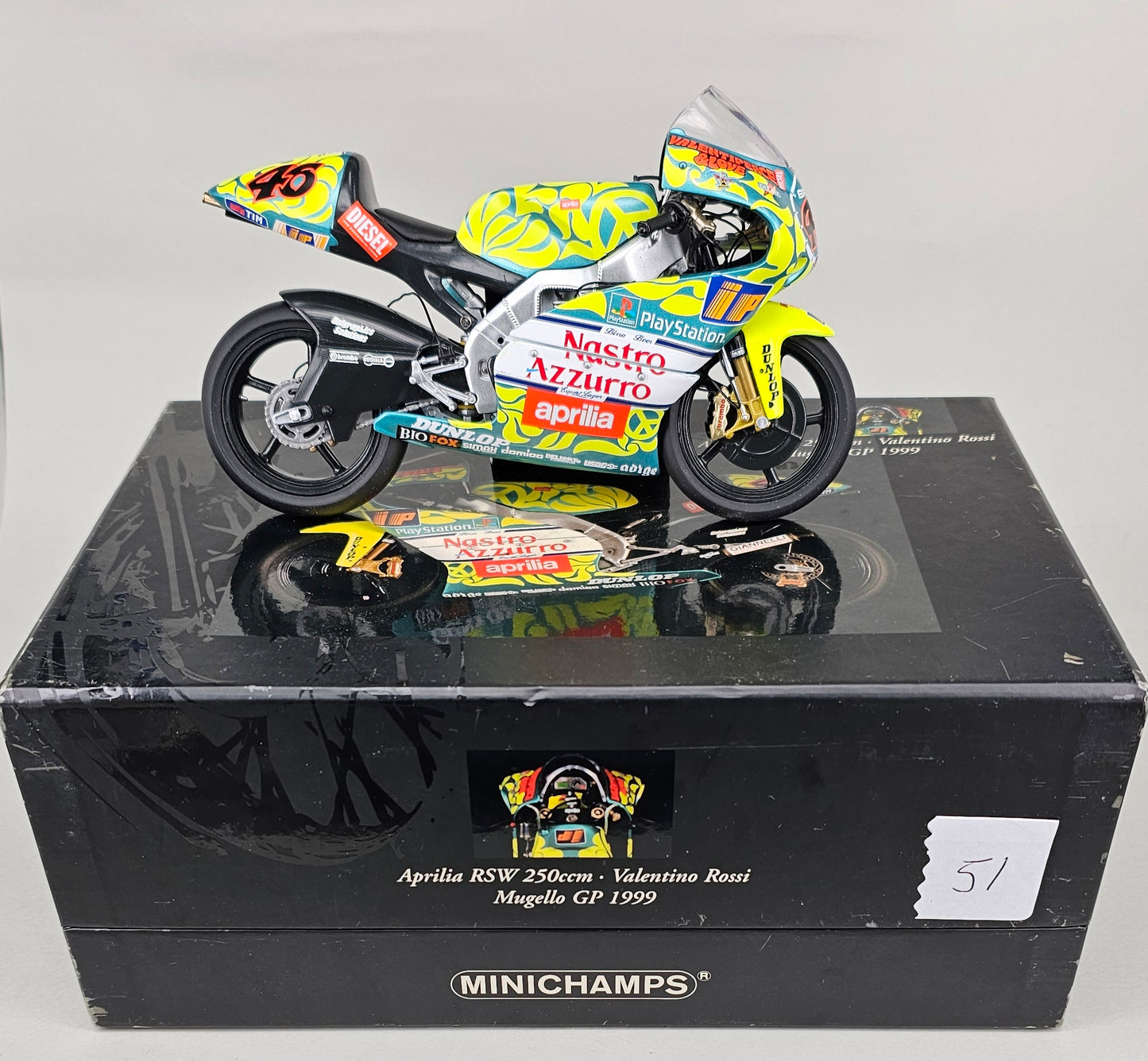 MINICHAMPS 122 99046 - Classic Bike Series No.22. 1:12 Scale Die-Cast APRILIA RSW 250 Valentino Rossi Mugello GP 1999 - Chester Model Centre