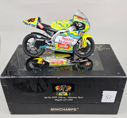 MINICHAMPS 122 99046 - Classic Bike Series No.22. 1:12 Scale Die-Cast APRILIA RSW 250 Valentino Rossi Mugello GP 1999 - Chester Model Centre