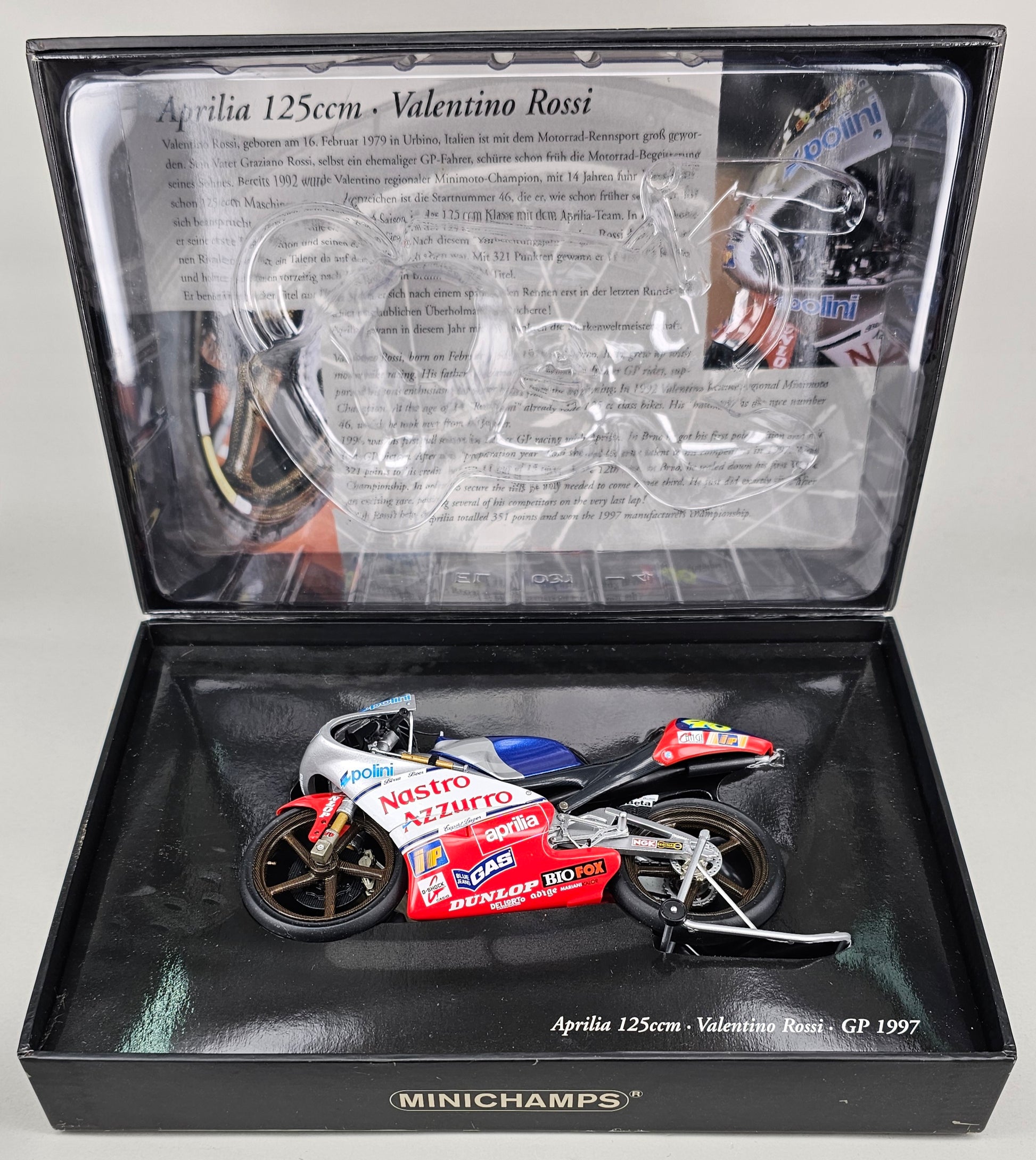 MINICHAMPS 122 970046 1/12 Scale Classic Bike Series No. 21. Aprilia 125 Team Nastro Azzuro GP 1997 Valentino Rossi - Chester Model Centre