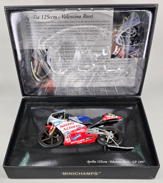 MINICHAMPS 122 970046 1/12 Scale Classic Bike Series No. 21. Aprilia 125 Team Nastro Azzuro GP 1997 Valentino Rossi - Chester Model Centre