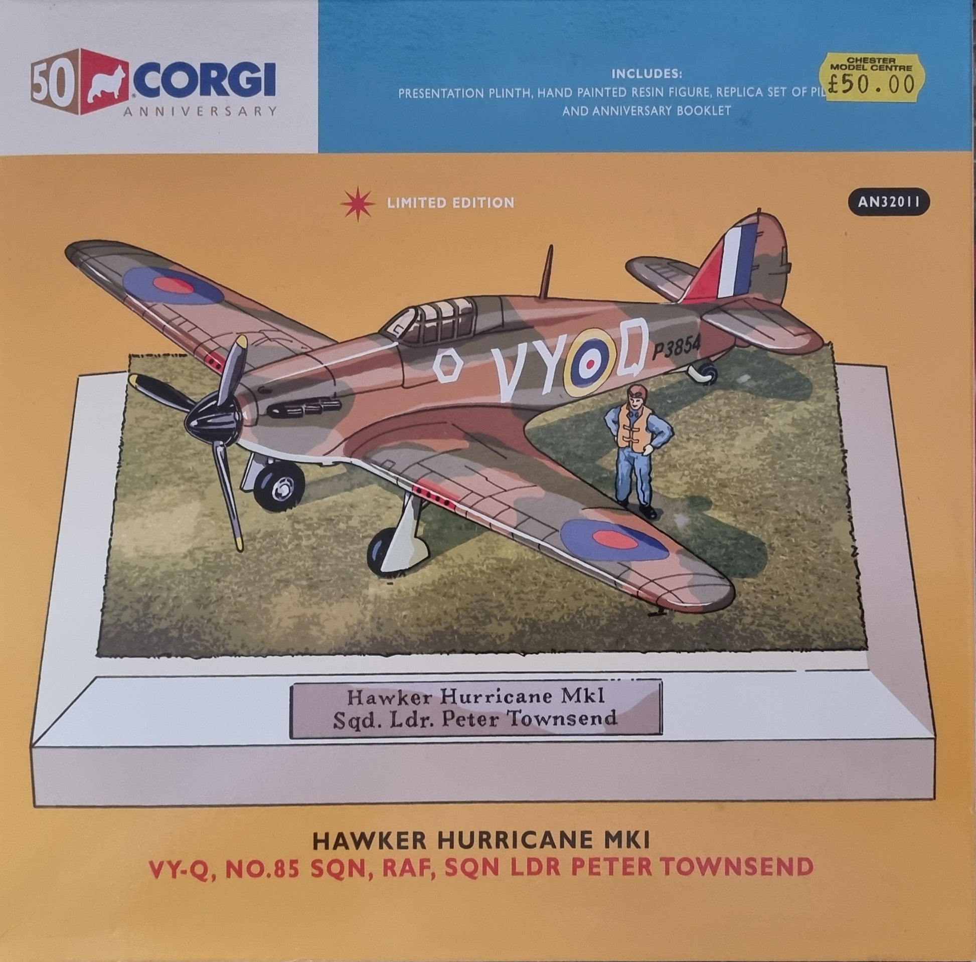 Corgi AN32011 Hawker Hurricane Mk I Diecast Model RAF No.85 Sqn, Peter Townsend, Corgi 50th Anniversary Edition - Chester Model Centre