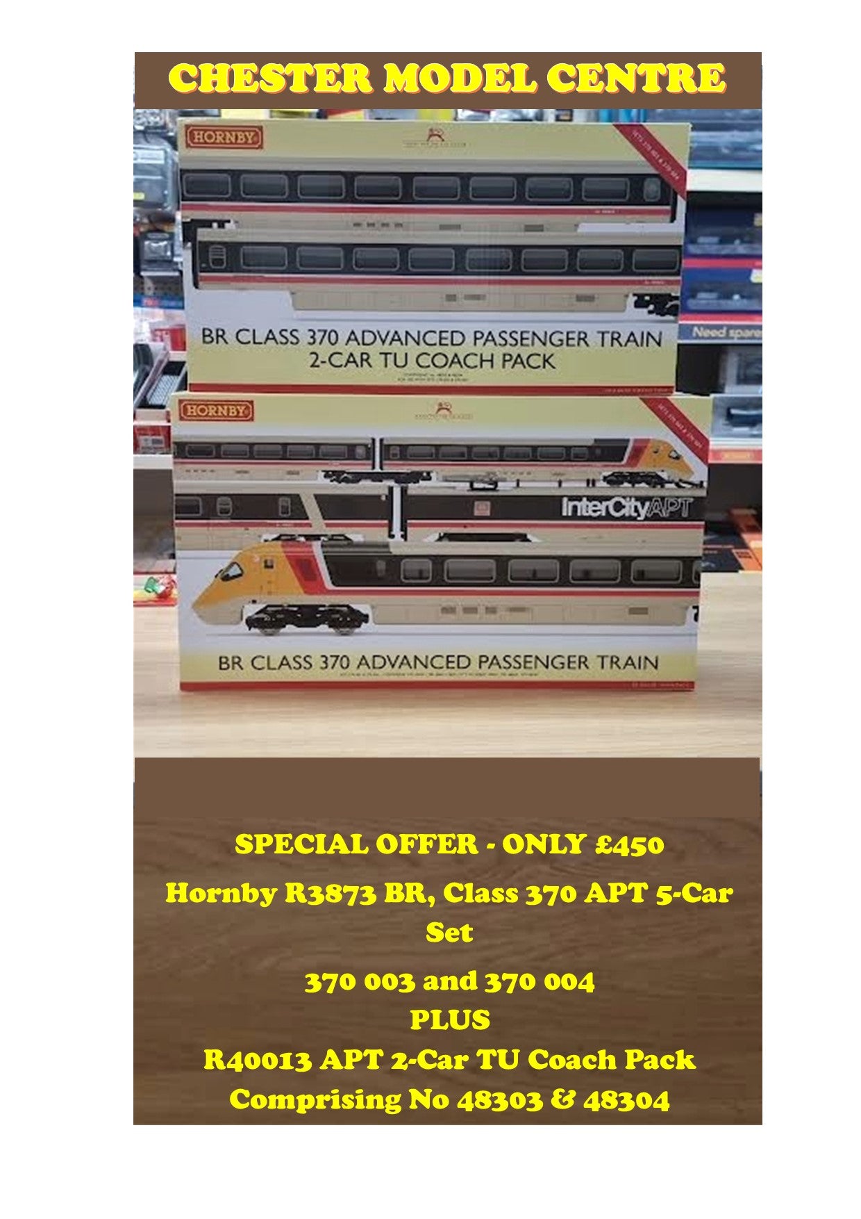 SALE - Hornby R3873 BR, Class 370 Advanced Passenger Train, Set 370 003 and 370 004, 5-car pack Plus R40013 2 APT Coach  pack - Chester Model Centre