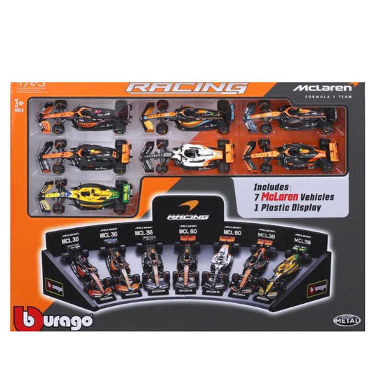 BURAGO 1:43 Scale Die-Cast F1 MCLAREN DELUXE 7 CAR GIFT SET W/ DISPLAY STAND! - Chester Model Centre