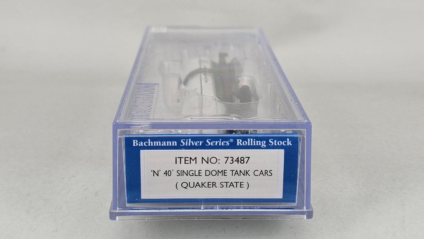 BACHMANN N Gauge Silver Series: #73487 - 40' Single Dome Tank Wagon 'Quaker State' Branding - Chester Model Centre