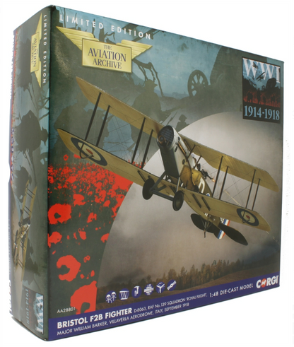 Corgi AA28801 Die-cast 1/48 Scale BRISTOL F2B Fighter D8063, RAF No.139 Squadron 'ROYAL FLIGHT' Major William Barker, Villaverla Aerodrome, Italy, Sept 1918