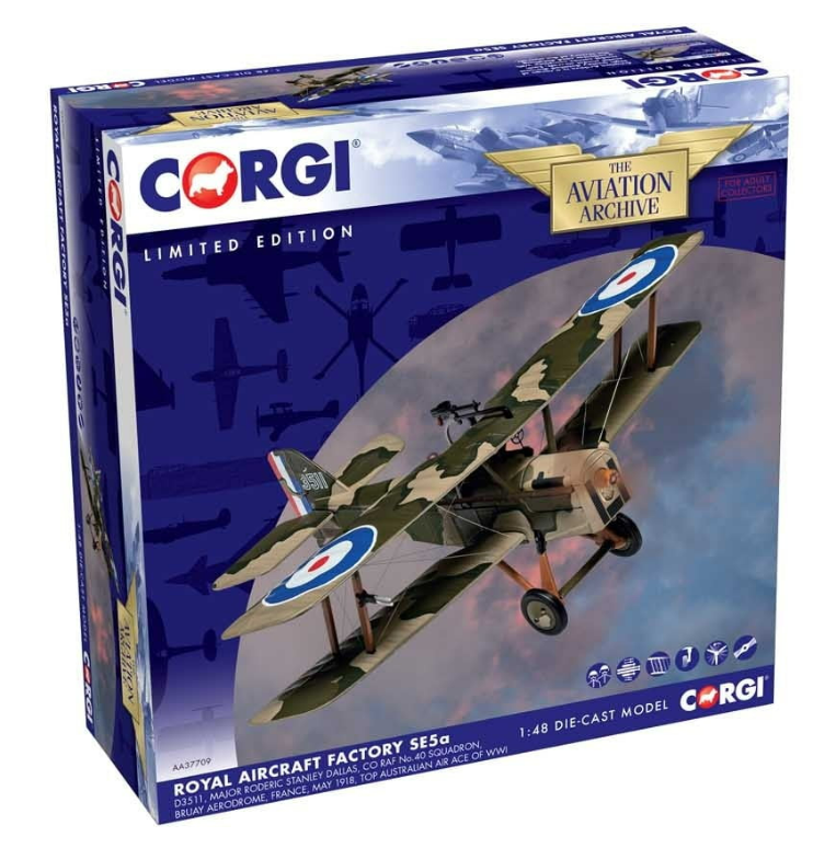 Corgi AA37709 Die-cast 1/48 Scale SE5a D3511, Major R. S Dallas, CO RAF No.40 Squadron, Bruay Aerodrome, France, May 1918, Top Australian air ace of WWI