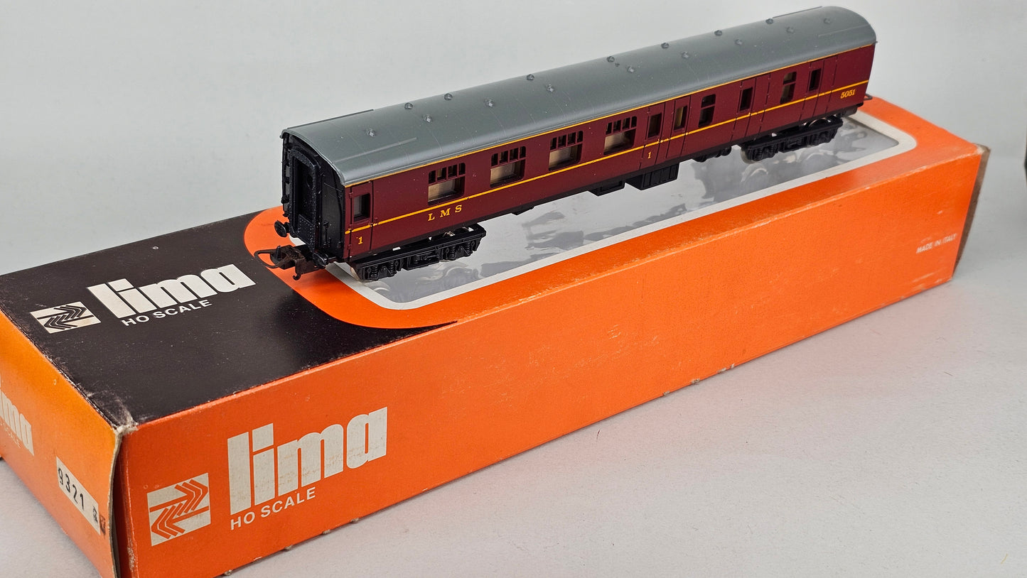 LIMA HO Scale 9321 LMS brake 1st-class corridor coach in crimson (boxed) Running No.5051 (we have three of these) - Chester Model Centre