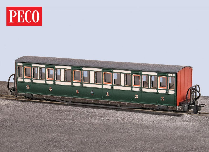 PECO 00-9 Scale GR-621A Festiniog Railway Long 'Bowsider' Bogie Coach Early Preservation Livery No.19 - Chester Model Centre