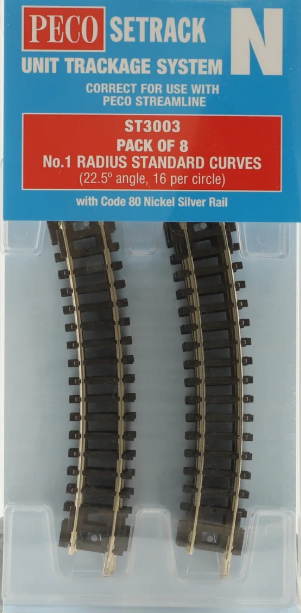 PECO N Gauge ST3003 Pack of 8 - No.1 Standard Radius Curves Code 80 Nickel Silver Rail