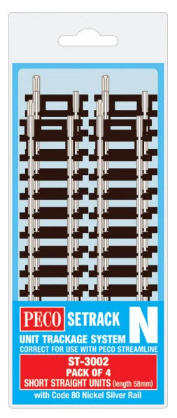 PECO ST-3002 N Gauge Code 80 Pack Of 4 Short Straight Units (58mm) - Chester Model Centre