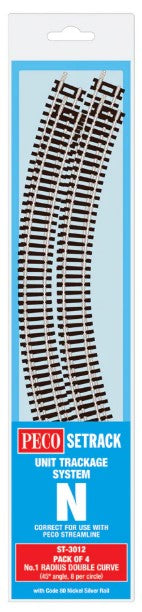 PECO ST-3012 N Gauge Code 80 - Pack Of 4 No.1 Radius Double Curve - Chester Model Centre