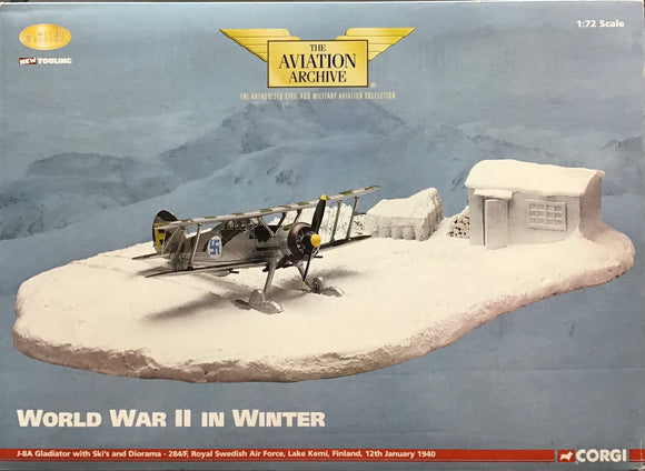 Corgi AA36204 J-8A Gladiator with Ski’s and Diorama - 284/F, Royal Swedish Air Force, Lake Kemi, Finland, 12th January 1940 - Chester Model Centre