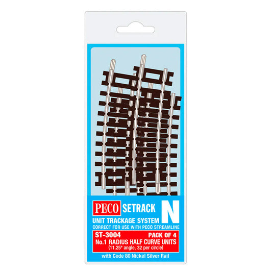 PECO Setrack CODE 80 Half Curve, 1st Radius (Pack of 4) - Chester Model Centre