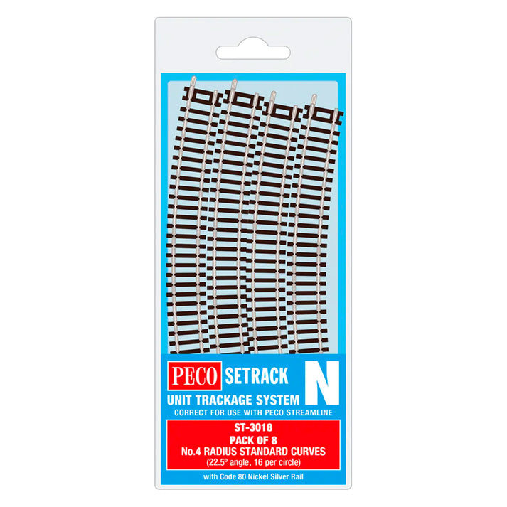 Peco ST-3018 Setrack CODE 80 Standard Curve, 4th Radius (Pack of 8) - Chester Model Centre