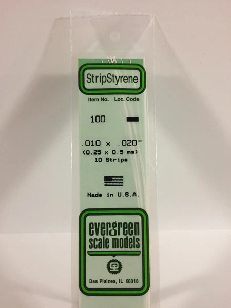 Evergreen Plastics 100 - .010" X .020" OPAQUE WHITE POLYSTYRENE STRIP0.25 x 0.5mm Strips - Chester Model Centre 