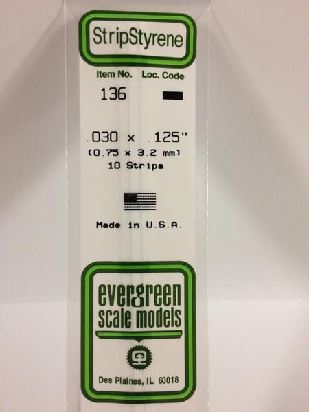 Evergreen 136 - 0.75 x 3.2mm Strips - Chester Model Centre