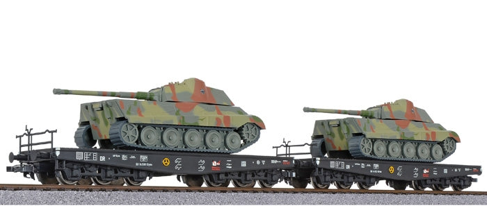 Schwerlasttransportwagen-Set, 2-teilig, DRB, SSyms, Kol 14 598 u. Kol 14 603, mit 2 Panzern - Chester Model Centre